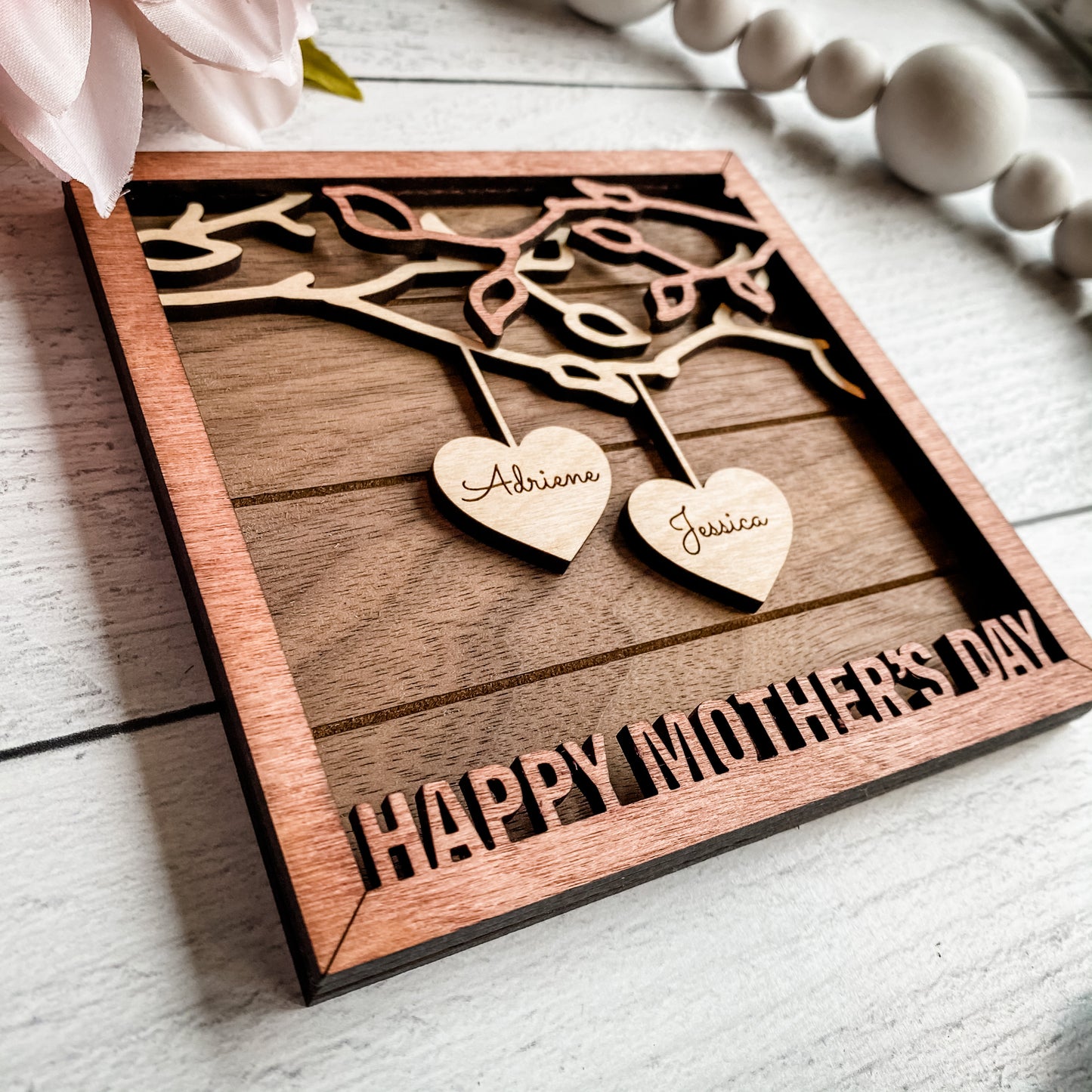 Custom Family Tree Frame, Wooden Hanging Hearts Mother's Day Frame, Custom Family Gift, Grandparent Gift, Add PETS TOO!