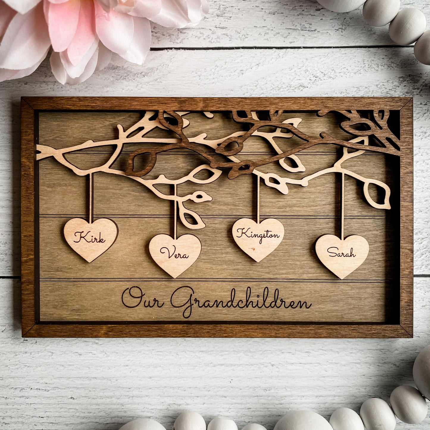Custom Family Tree Frame, Wooden Hanging Hearts Mother's Day Frame, Custom Family Gift, Grandparent Gift, Add PETS TOO!