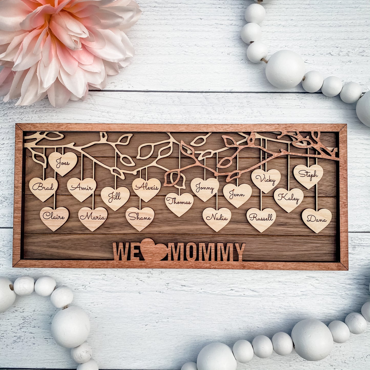 Custom Family Tree Frame, Wooden Hanging Hearts Mother's Day Frame, Custom Family Gift, Grandparent Gift, Add PETS TOO!