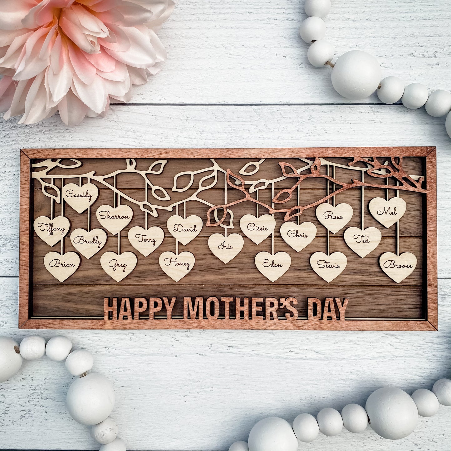 Custom Family Tree Frame, Wooden Hanging Hearts Mother's Day Frame, Custom Family Gift, Grandparent Gift, Add PETS TOO!
