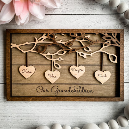 Custom Family Tree Frame, Wooden Hanging Hearts Mother's Day Frame, Custom Family Gift, Grandparent Gift, Add PETS TOO!